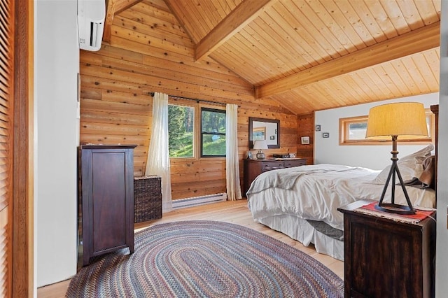 bedroom with wooden ceiling, vaulted ceiling with beams, baseboard heating, light wood-type flooring, and wood walls