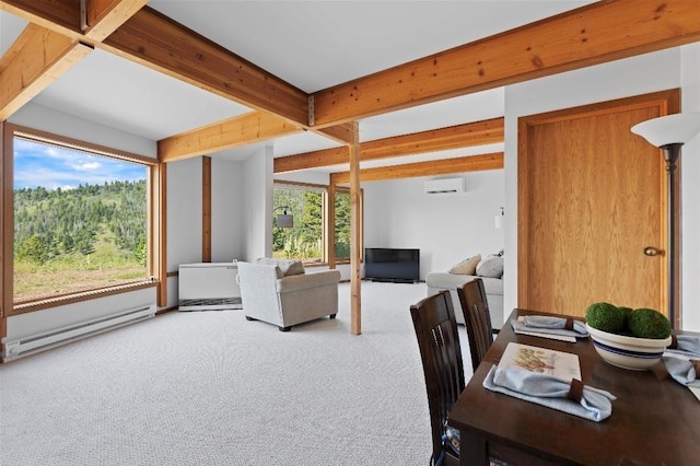 carpeted dining space with a baseboard heating unit, a wall mounted air conditioner, and beamed ceiling