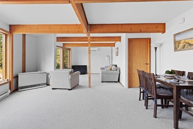 carpeted dining area with beamed ceiling and a wall mounted AC