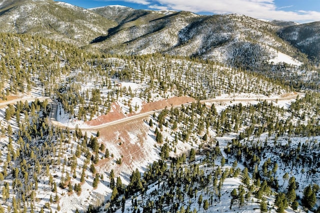 snowy aerial view with a mountain view