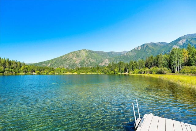 view of dock featuring a water and mountain view