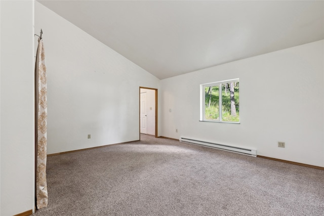 carpeted empty room featuring vaulted ceiling and a baseboard radiator