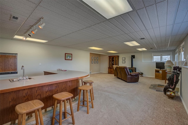 bar with carpet floors, rail lighting, a wood stove, and sink