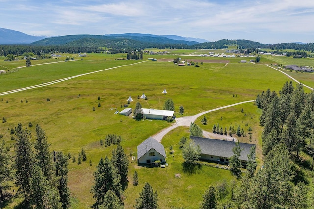 bird's eye view with a mountain view and a rural view