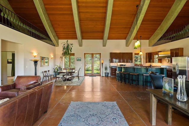 living room featuring high vaulted ceiling, wooden ceiling, and beam ceiling