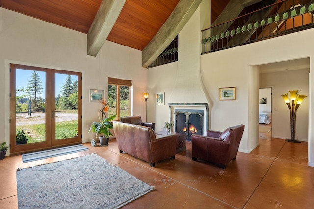 living room featuring concrete floors, beam ceiling, wood ceiling, high vaulted ceiling, and french doors