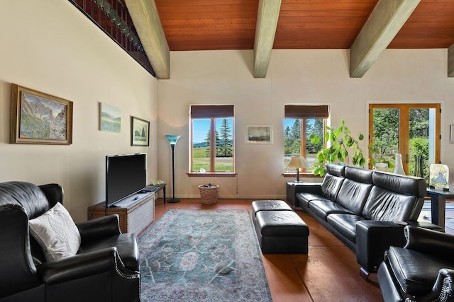 living room with wood ceiling, french doors, and beamed ceiling