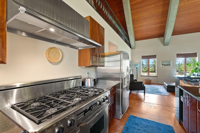 kitchen with wood ceiling, appliances with stainless steel finishes, wall chimney exhaust hood, and lofted ceiling with beams