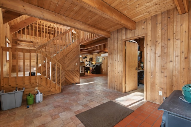 misc room with wood ceiling, wood walls, and beam ceiling