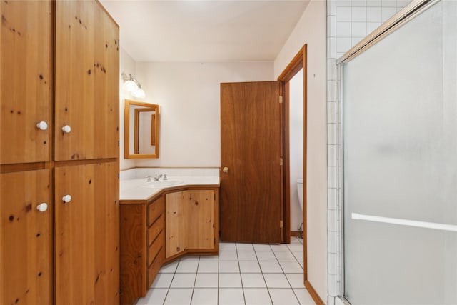 bathroom with tile patterned flooring, toilet, vanity, a closet, and a stall shower