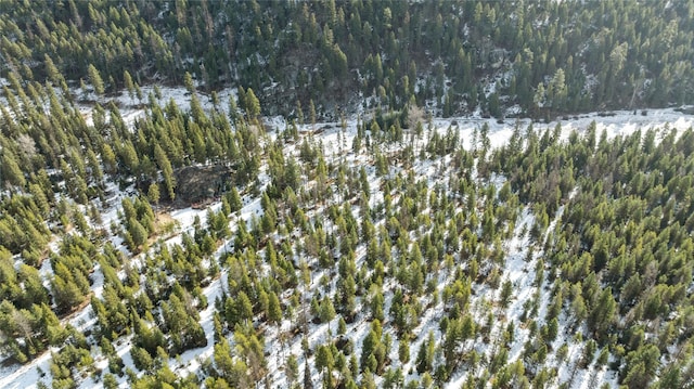 snowy aerial view featuring a wooded view