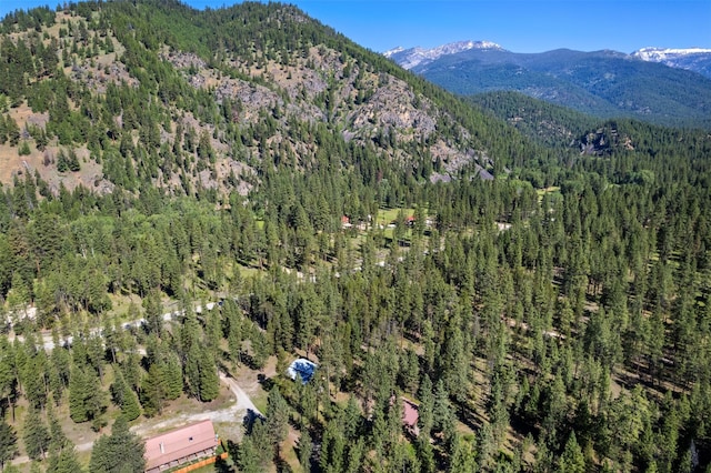 birds eye view of property with a view of trees and a mountain view