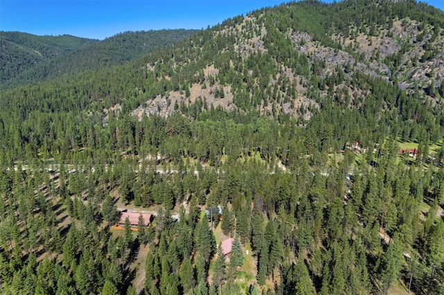 bird's eye view featuring a mountain view and a wooded view