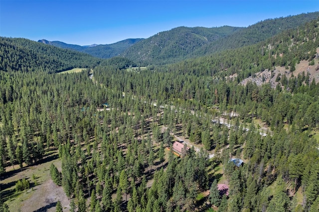 birds eye view of property featuring a view of trees and a mountain view