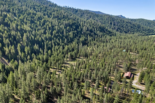 birds eye view of property with a view of trees and a mountain view