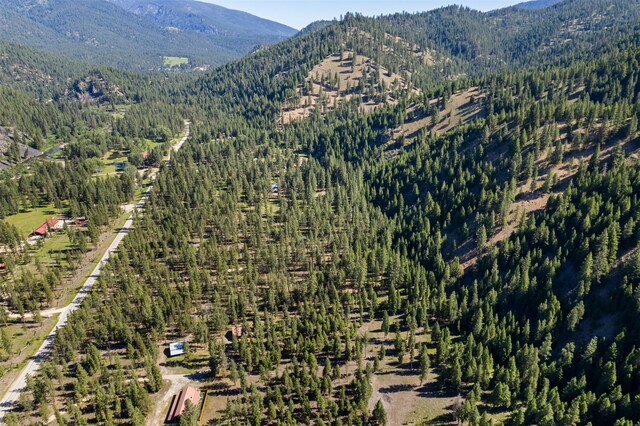 birds eye view of property featuring a view of trees and a mountain view