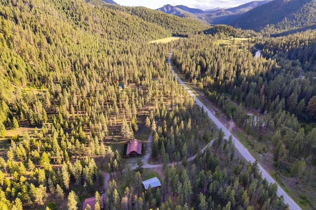 bird's eye view featuring a wooded view and a mountain view