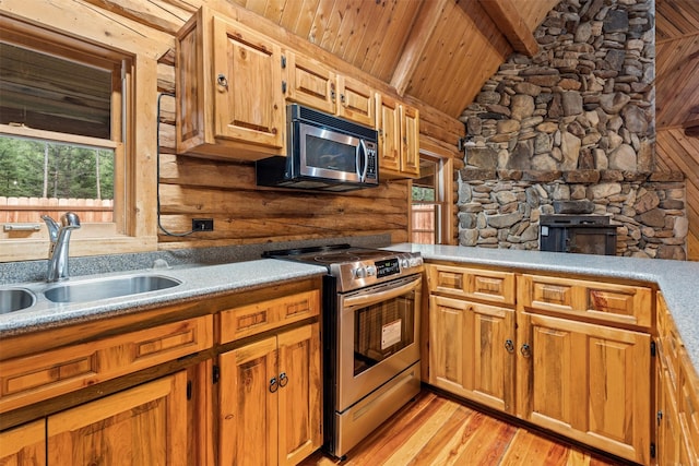 kitchen featuring light countertops, light wood-style flooring, stainless steel appliances, wooden ceiling, and a sink