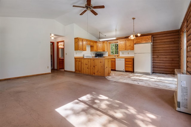 kitchen with baseboards, hanging light fixtures, light countertops, log walls, and white appliances