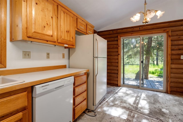 kitchen featuring an inviting chandelier, light countertops, pendant lighting, white appliances, and vaulted ceiling