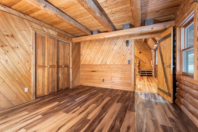 unfurnished room featuring wooden walls, wood finished floors, wooden ceiling, and beam ceiling