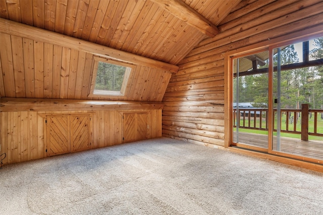 interior space with wood ceiling, lofted ceiling with beams, rustic walls, and carpet flooring