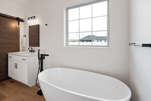 bathroom with a bathing tub, hardwood / wood-style flooring, and large vanity