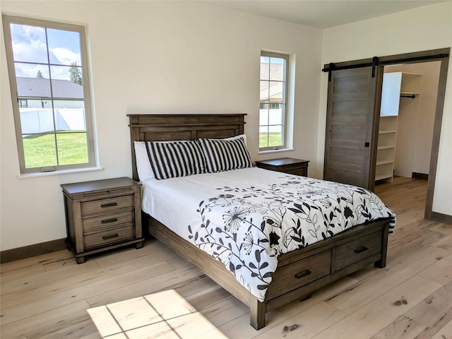 585 Dayton St SE, Ronan, MT 59864 - bedroom featuring light wood-style floors, multiple windows, a barn door, and a walk in closet