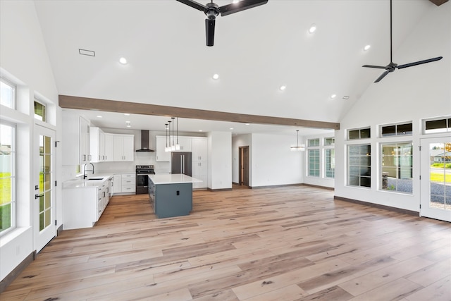 unfurnished living room with light hardwood / wood-style flooring, ceiling fan, high vaulted ceiling, beamed ceiling, and sink