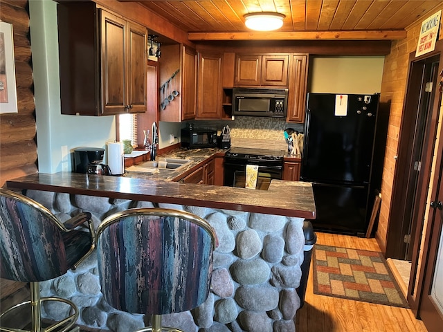 240 Ponderosa Rd, Melrose, MT 59743 - kitchen featuring black appliances, wood ceiling, a sink, a peninsula, and dark countertops