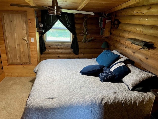 240 Ponderosa Rd, Melrose, MT 59743 - bedroom with rustic walls, wood ceiling, and carpet floors