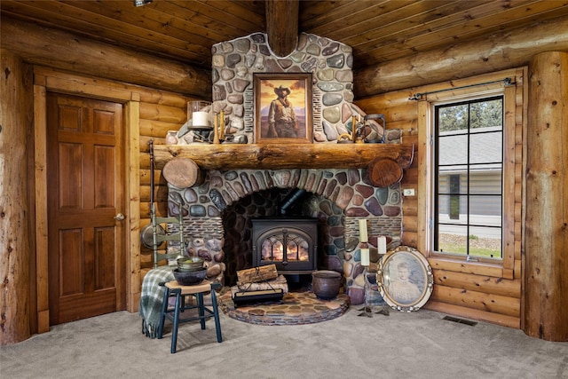 417 Sirucek Ln, Kalispell, MT 59901 - detailed view of carpet flooring, log walls, a wood ceiling with exposed beams, and a wood stove