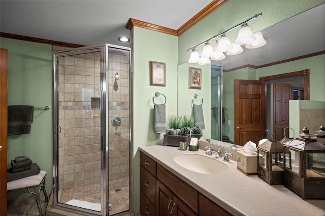 417 Sirucek Ln, Kalispell, MT 59901 - full bathroom featuring ornamental molding, a shower stall, and vanity