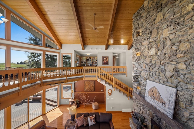 417 Sirucek Ln, Kalispell, MT 59901 - living room featuring wood finished floors, a wood ceiling with exposed beams, ceiling fan, and high vaulted ceiling