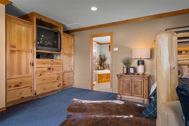 417 Sirucek Ln, Kalispell, MT 59901 - carpeted bedroom with ornamental molding, recessed lighting, and ensuite bathroom