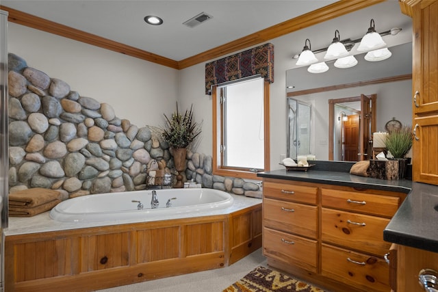 417 Sirucek Ln, Kalispell, MT 59901 - full bathroom featuring vanity, ornamental molding, a bath, and a stall shower