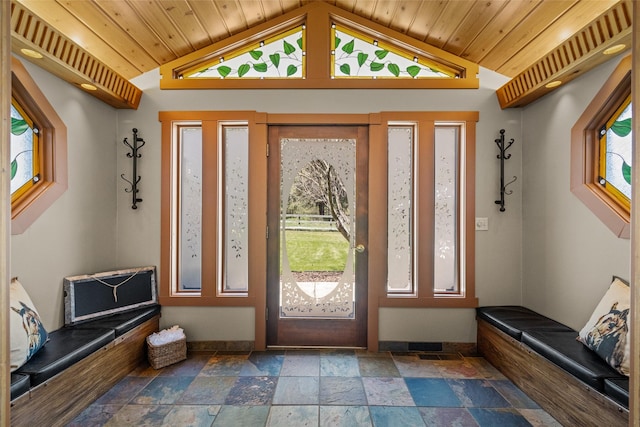 417 Sirucek Ln, Kalispell, MT 59901 - entryway with stone tile floors, lofted ceiling, and wood ceiling