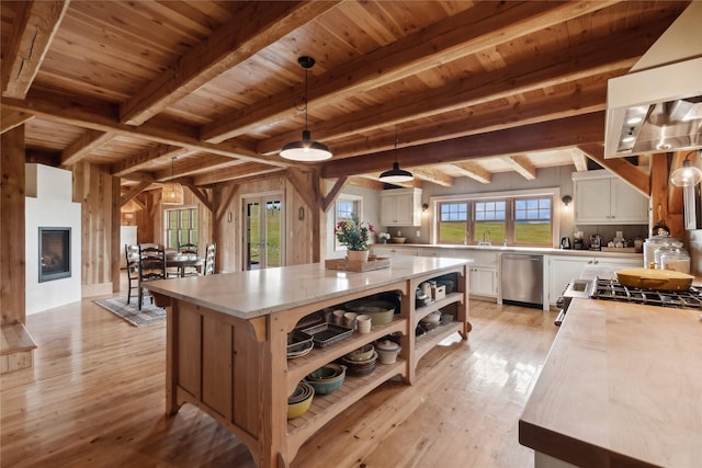 285 N Hill Rd, Kalispell, MT 59901 - kitchen with open shelves, appliances with stainless steel finishes, light wood-style flooring, a wooden ceiling with exposed beams, and white cabinetry