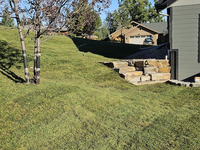 view of yard with a garage