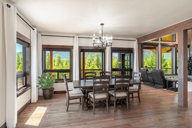 dining space with wood-type flooring and a notable chandelier