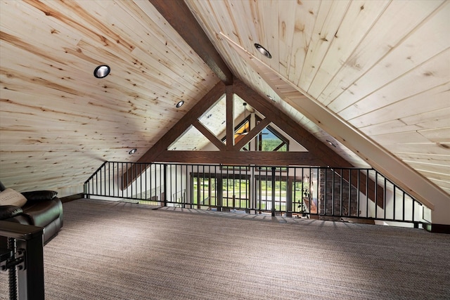 additional living space featuring carpet floors, wooden ceiling, high vaulted ceiling, and beamed ceiling