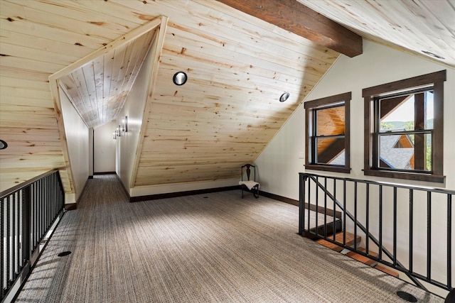 additional living space featuring lofted ceiling with beams, wood ceiling, wooden walls, and dark colored carpet