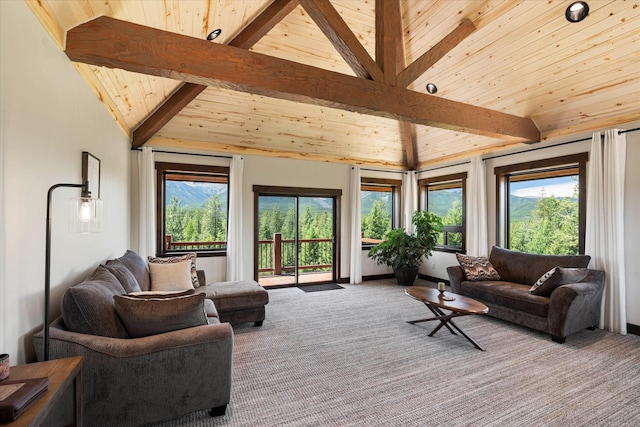 living room featuring wooden ceiling, carpet floors, and vaulted ceiling with beams