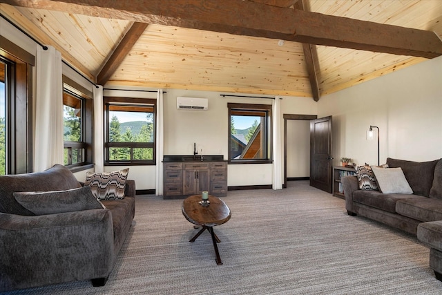 living room with carpet, an AC wall unit, beam ceiling, high vaulted ceiling, and wooden ceiling