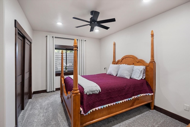 bedroom with ceiling fan, a closet, and carpet floors