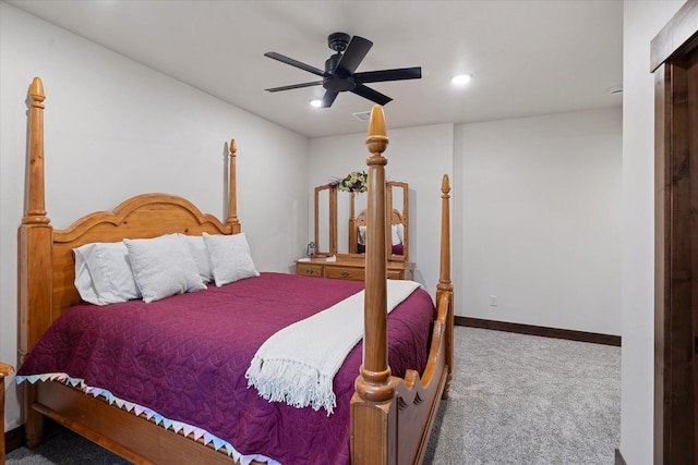 bedroom with ceiling fan and carpet flooring