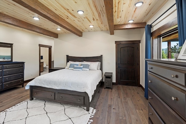 bedroom with wood ceiling, beam ceiling, and hardwood / wood-style floors