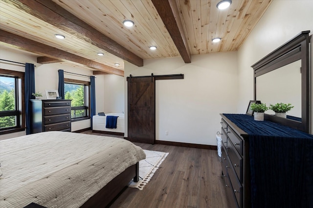 bedroom featuring wooden ceiling, beamed ceiling, dark hardwood / wood-style flooring, and a barn door