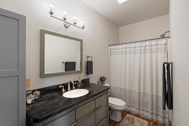 bathroom featuring toilet, vanity, wood-type flooring, and curtained shower