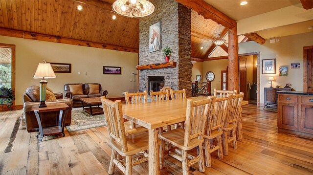 dining room featuring beam ceiling, light wood-type flooring, high vaulted ceiling, and wooden ceiling